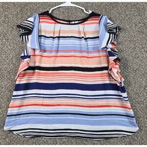 Elle Blouse Womens Large Multicolor Flutter Sleeve Striped Office Top
